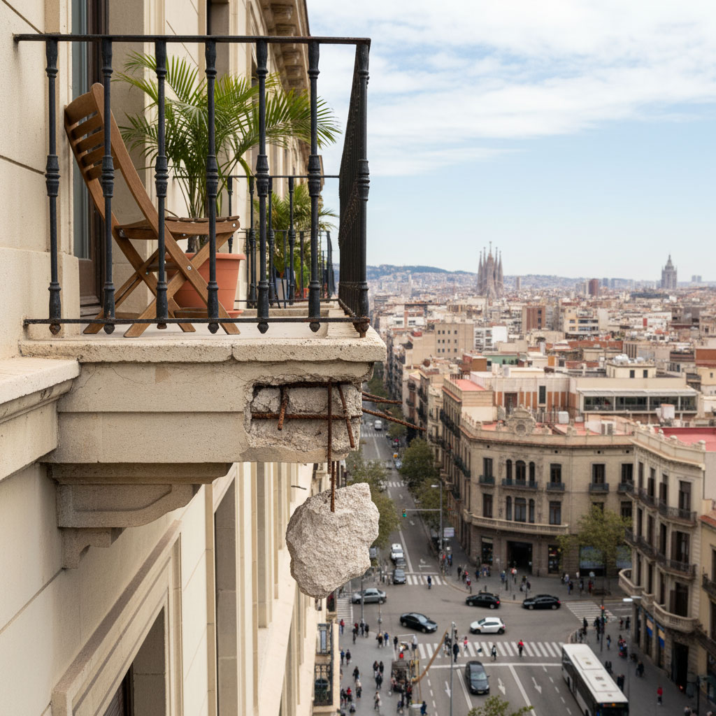 Cascote en balcón de la ciudad de Barcelona