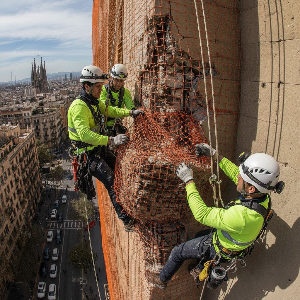 Instalación de malla de seguridad cubriendo cascote de Edificio