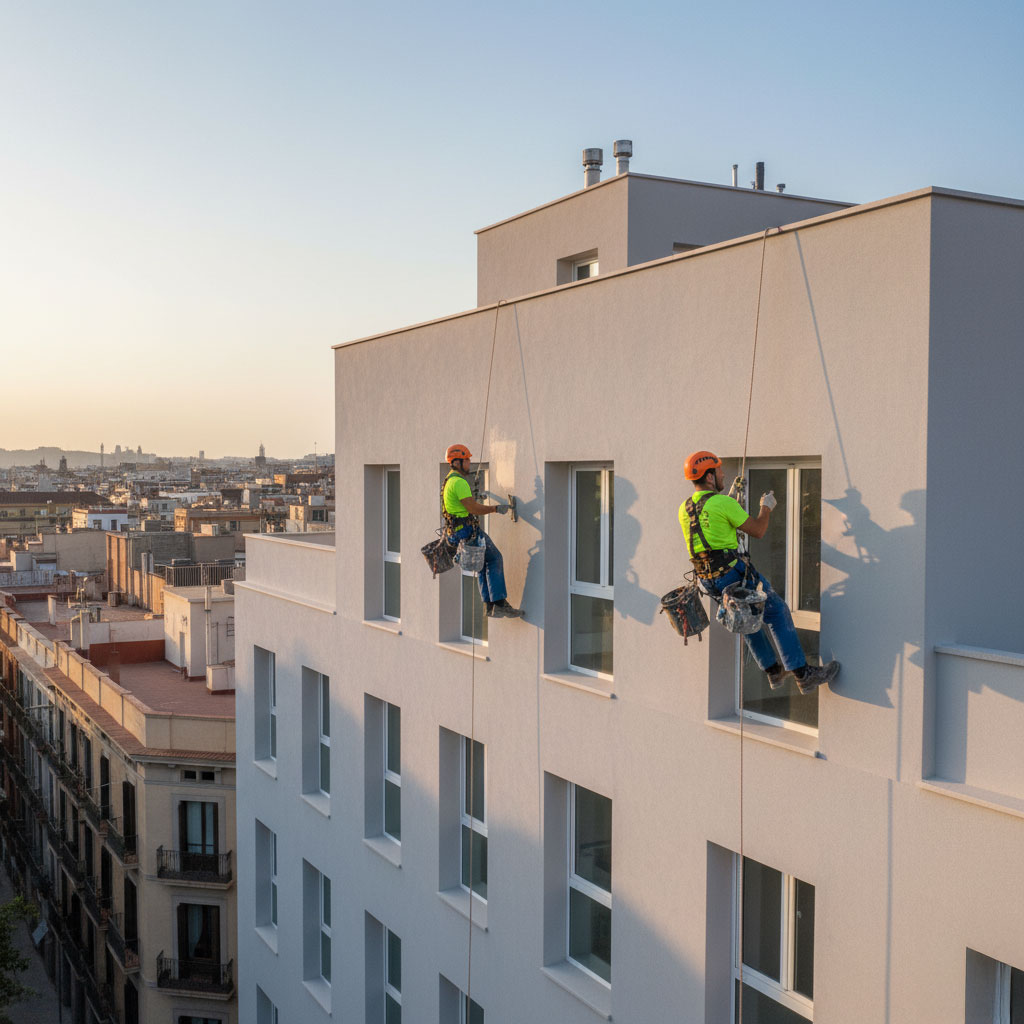 Equipo de trabajadores rehabilitando una fachada en Barcelona