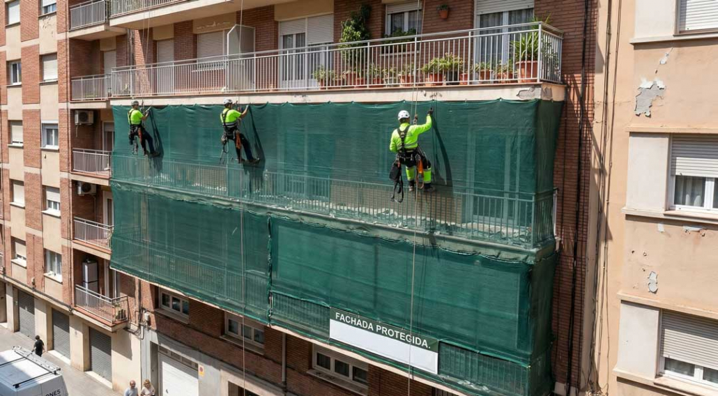 Personas-instalando-mallas-de-seguridad-de-un-edificio-en-altura