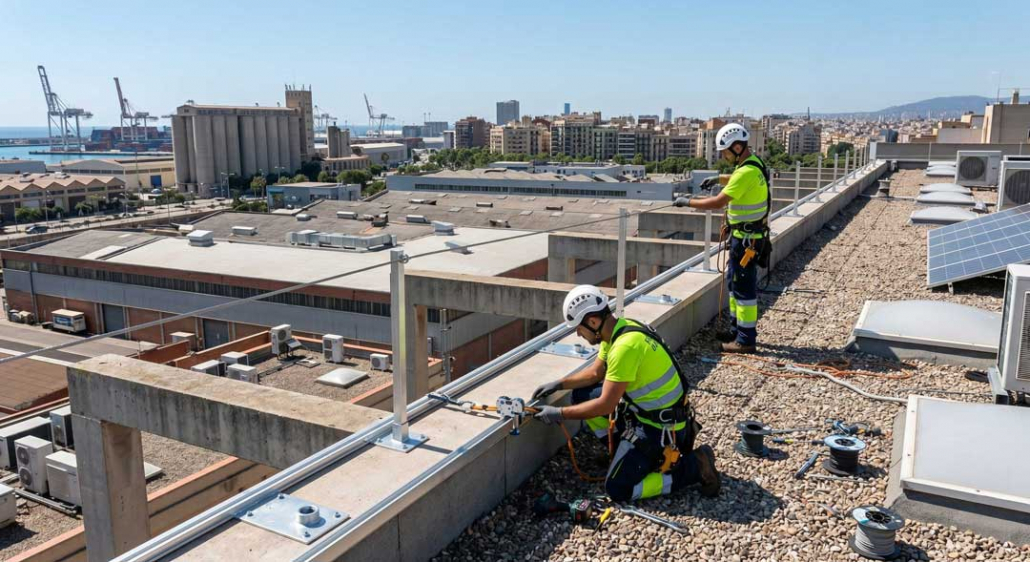 Tecnicos-revisando-linea-de-vida-de-un-edificio