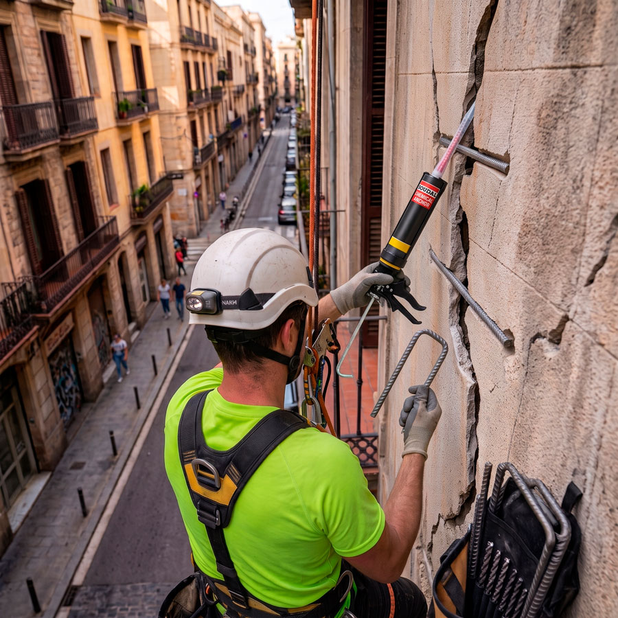 engrapado-de-una-fisura-de-una-fachada Experto en trabajos verticales colocando una grapa en una fisura de una fachada