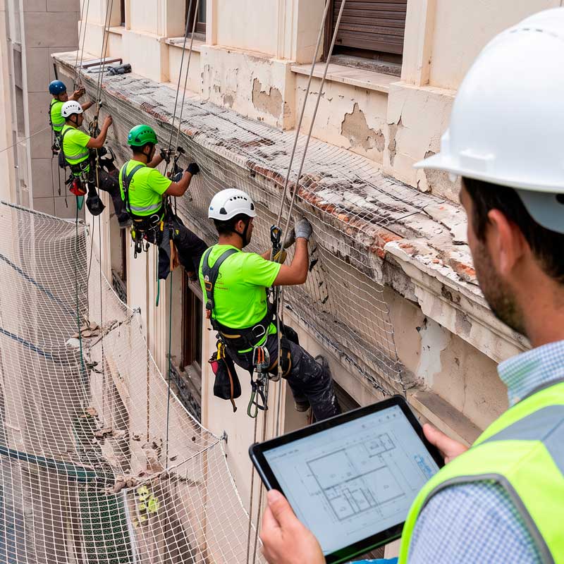 Arquitecto-realizando-la-inspeccion-tecnica-del-edificio-con-un-equipo-de-trabajos-verticales Arquitecto realizando la inspección técnica del edificio junto a un equipo de trabajos verticales